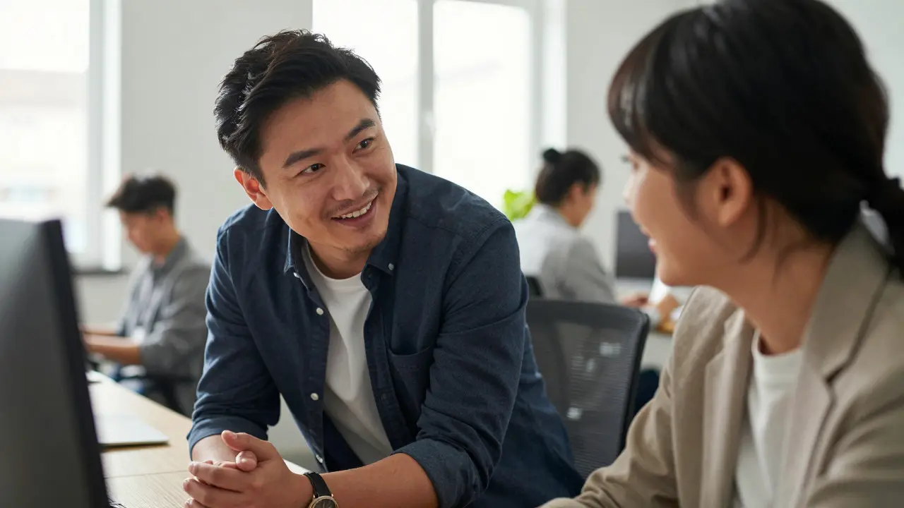 Manager having a casual, trusting conversation with an employee at their desk