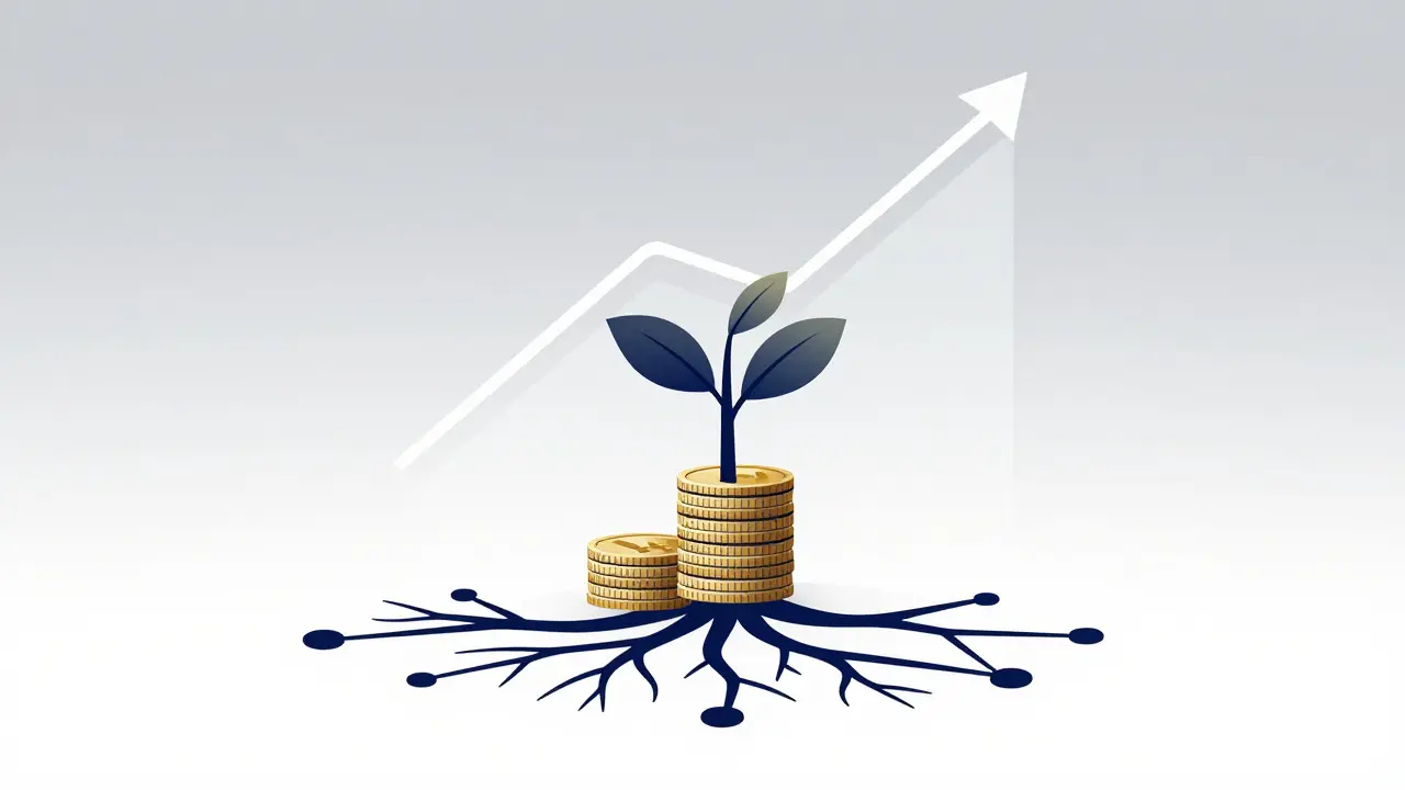 Minimalist illustration of a tree growing from coins with a rising graph