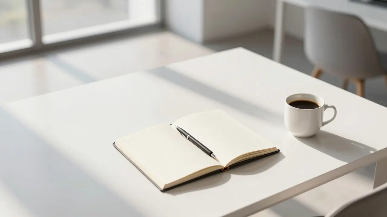 Minimalist office desk with notebook and coffee, representing business preparation