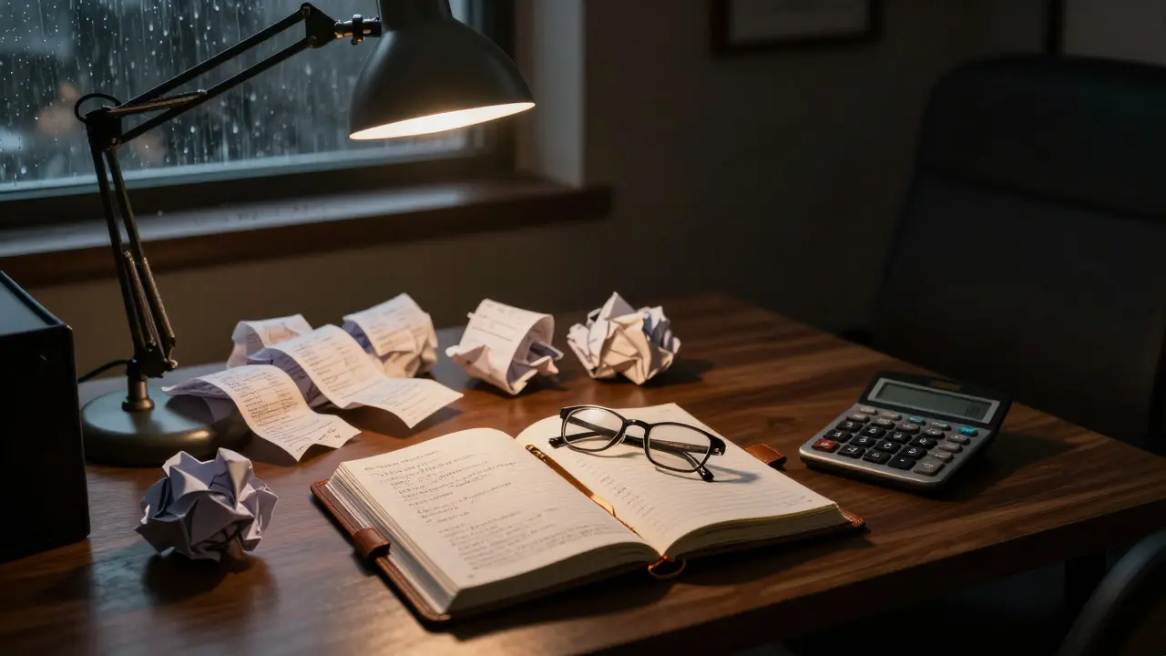 Office desk with a ledger, calculator, and receipts under warm lamplight
