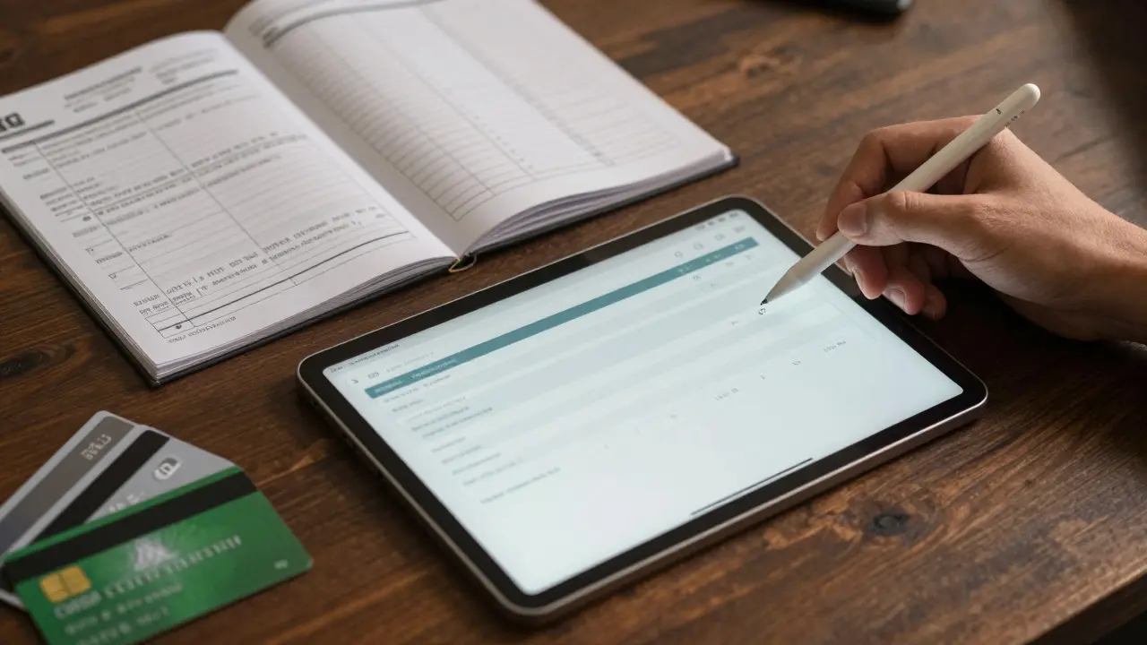 Overhead view of a tablet, bank statements, and mileage logbook on a desk representing tax record keeping