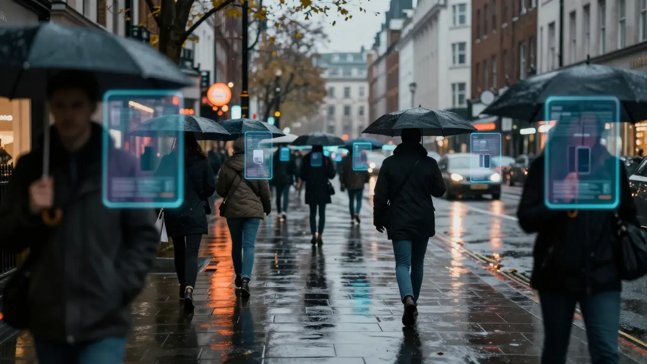 Pedestrians on a rainy UK street with glowing digital ad frames around them