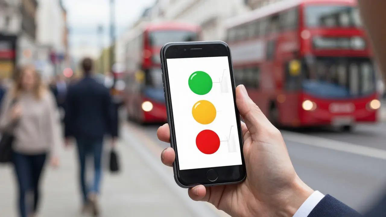 Person checking a simplified mobile dashboard with traffic light indicators
