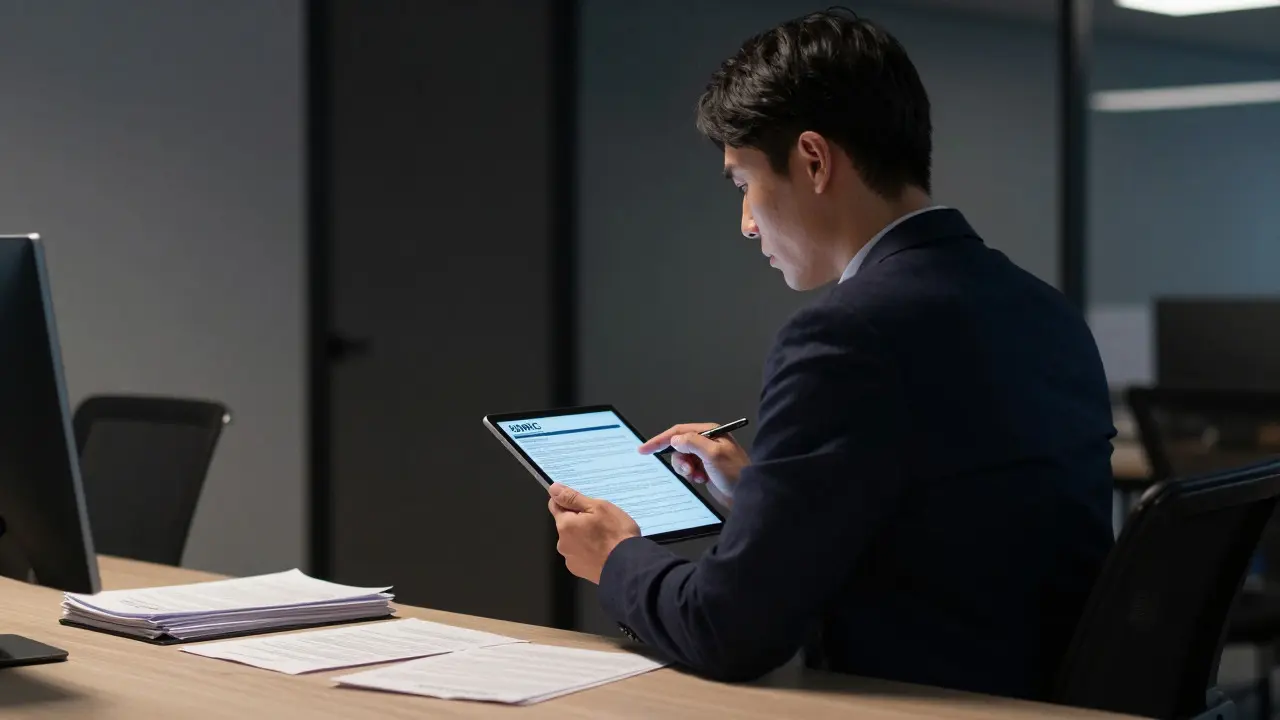 Professional reviewing financial documents on a tablet in a dimly lit office