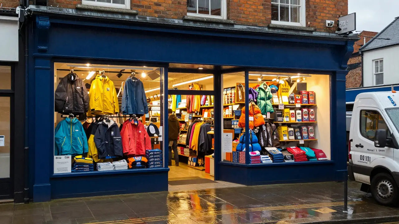 Rainy UK high-street shop front displaying seasonal goods