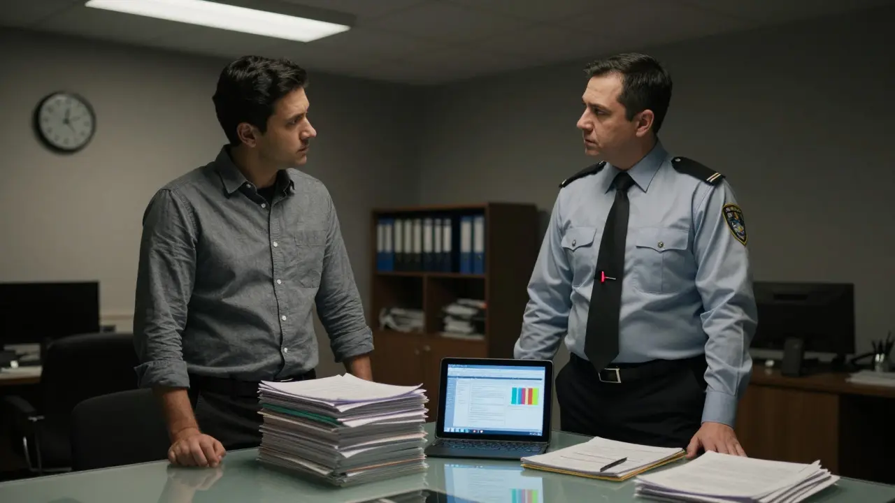 Regulator reviewing documents with a security manager during an audit