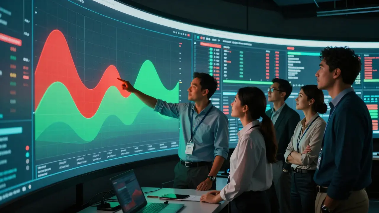 Retail team monitoring data quality improvements on a large interactive display wall