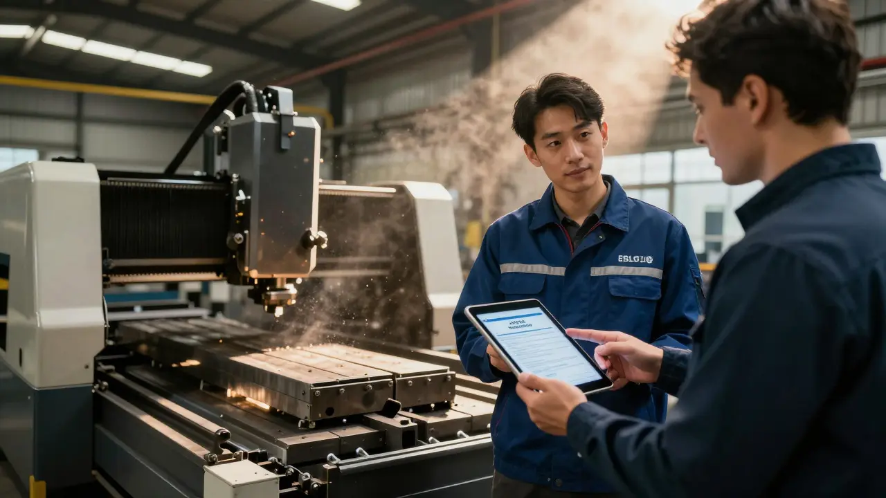 Sales engineer presenting a tablet to a client in a modern metal fabrication workshop