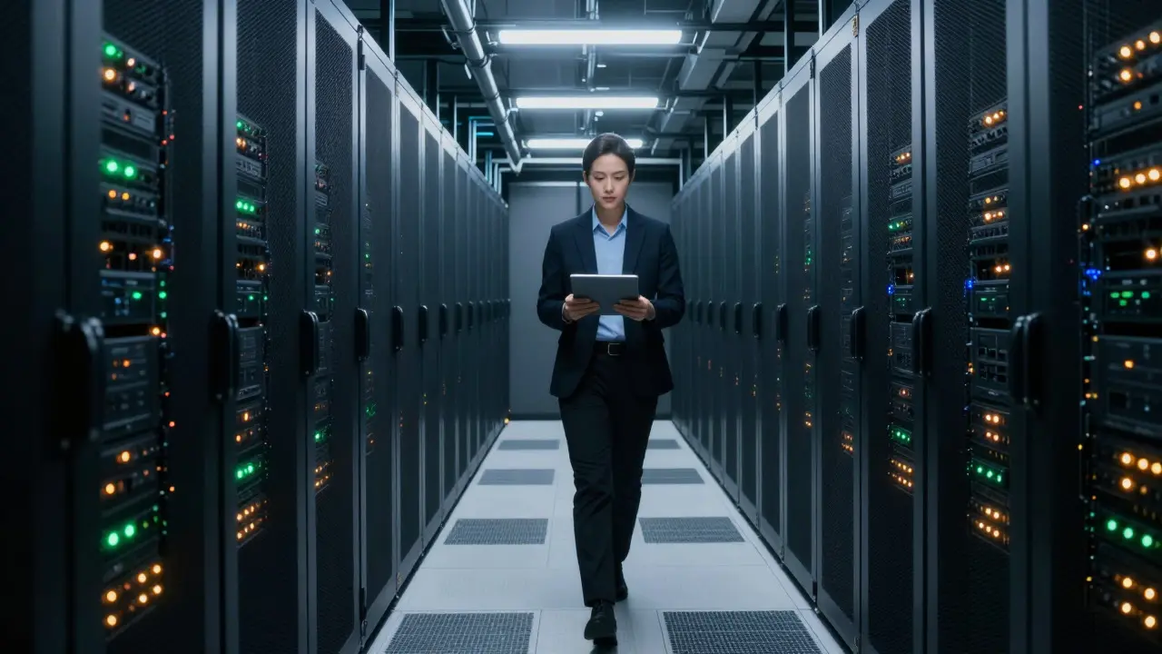 Security specialist walking through a dimly lit server room with glowing status lights
