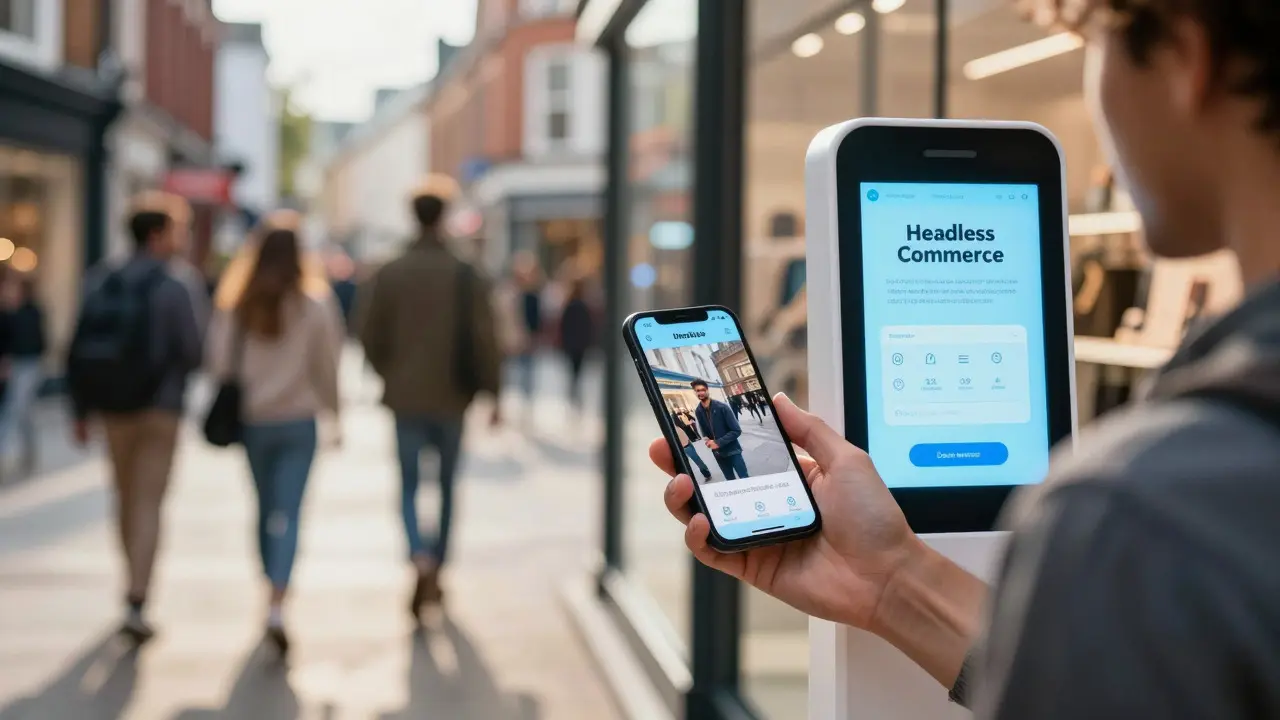 Shopper using augmented reality on a phone near a retail kiosk in a busy UK street