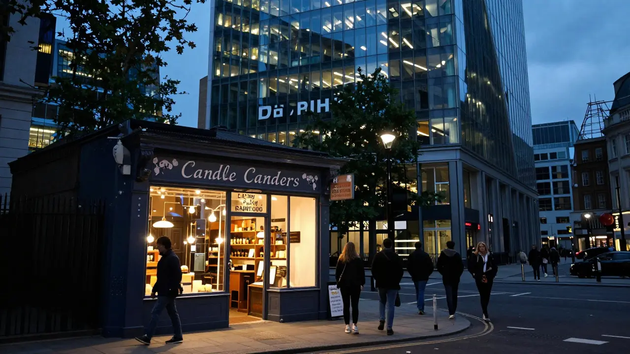 Small shopfront with a whimsical sign outside a large corporate skyscraper