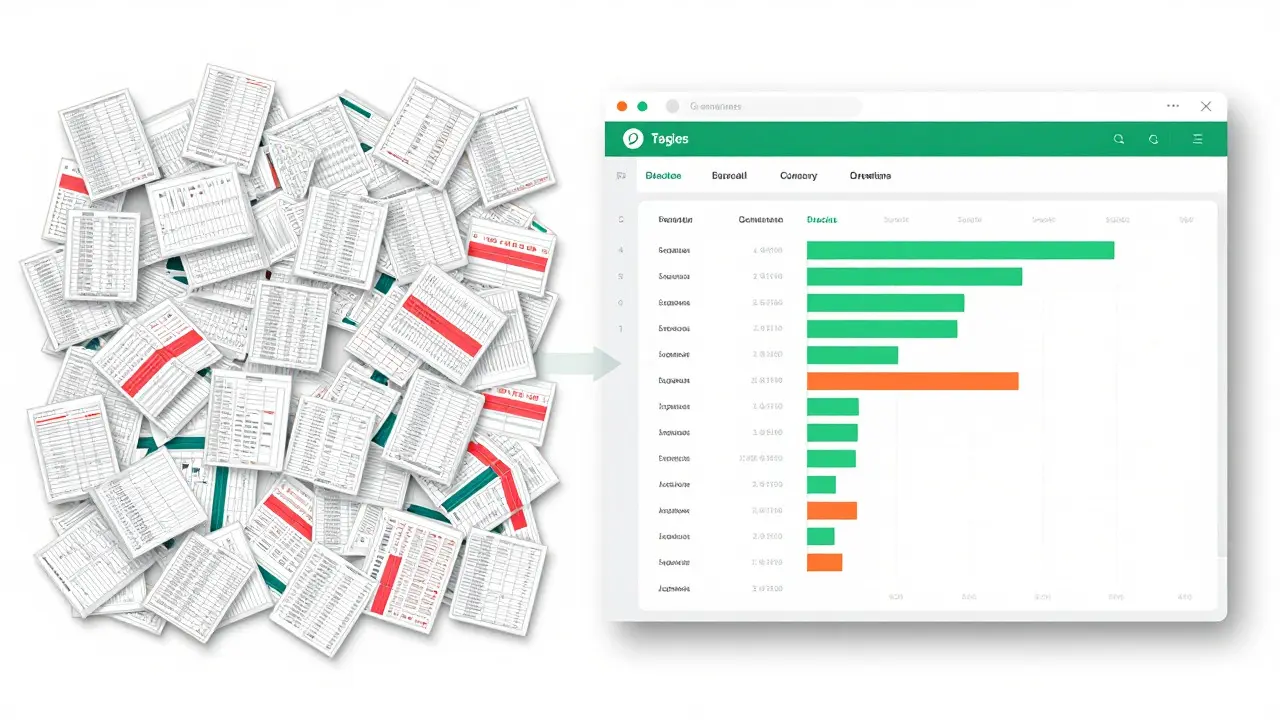 Split view contrasting a cluttered spreadsheet with a streamlined dashboard