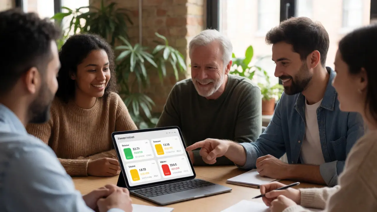 Team analyzing simple traffic-light dashboards in an office.