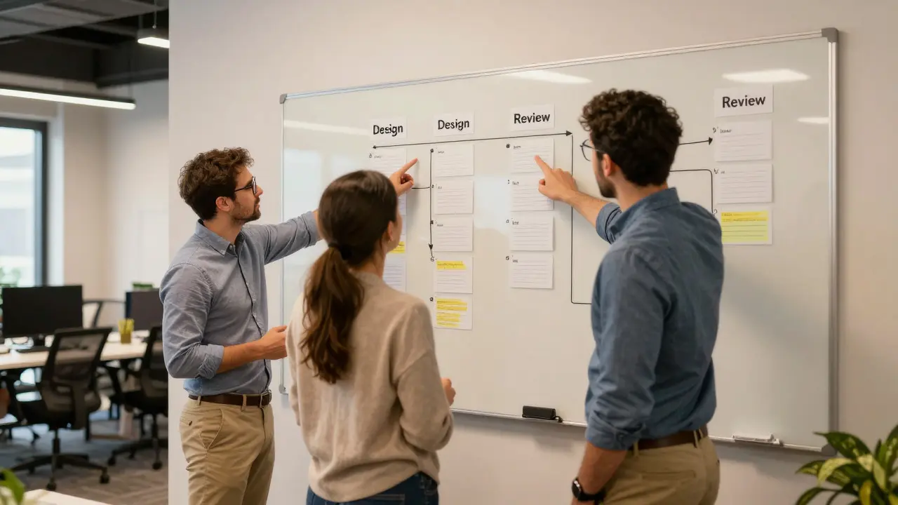 Team members reviewing a Kanban workflow board in a modern office setting