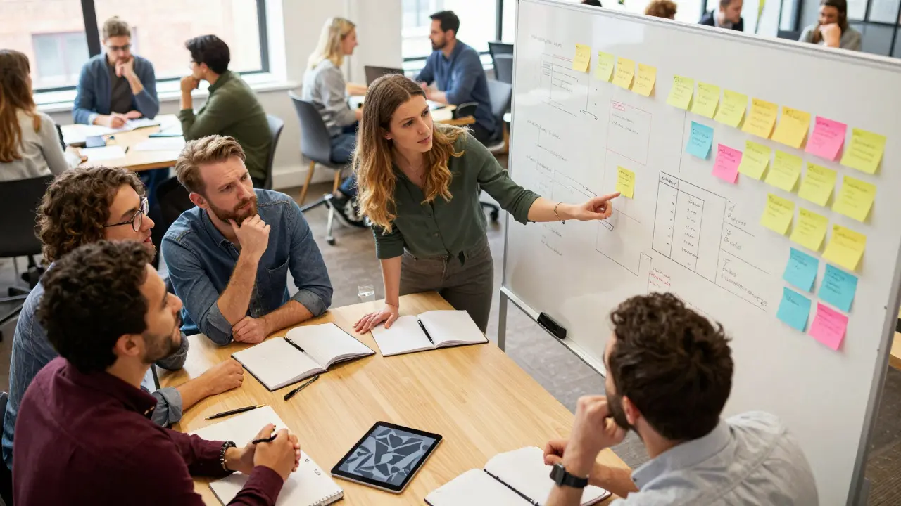 Team of entrepreneurs collaborating around a whiteboard in a Leeds co-working space