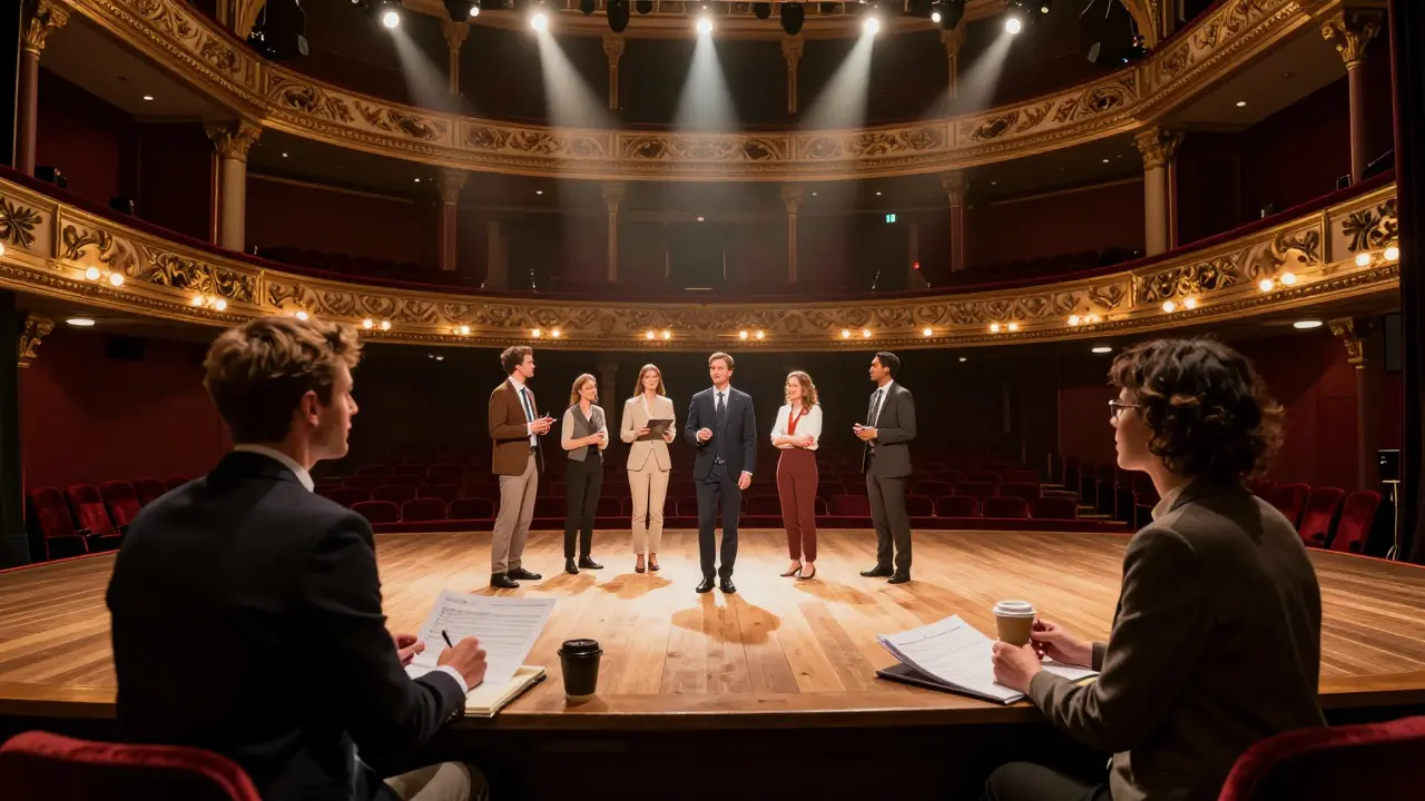 Theatre actors performing while staff discuss finances in the wings