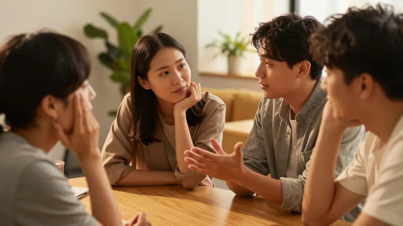 Three colleagues having an engaged and empathetic conversation in an office