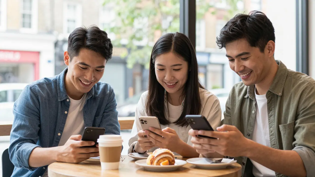 Three happy young people checking their phones in a sunny London cafe
