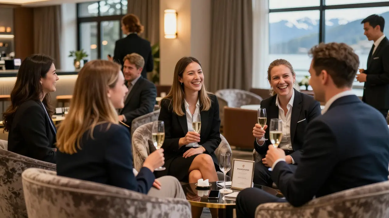 Top performers celebrating at an exclusive President's Club event in a luxury lounge.