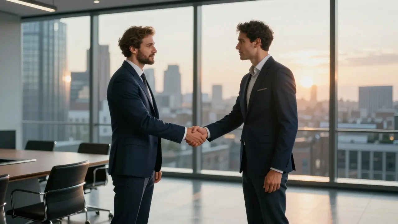 Two business leaders shaking hands in a boardroom, symbolizing a corporate acquisition deal.