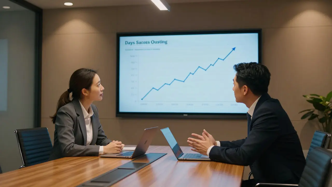 Two professionals discussing financial trends on a large screen in a boardroom