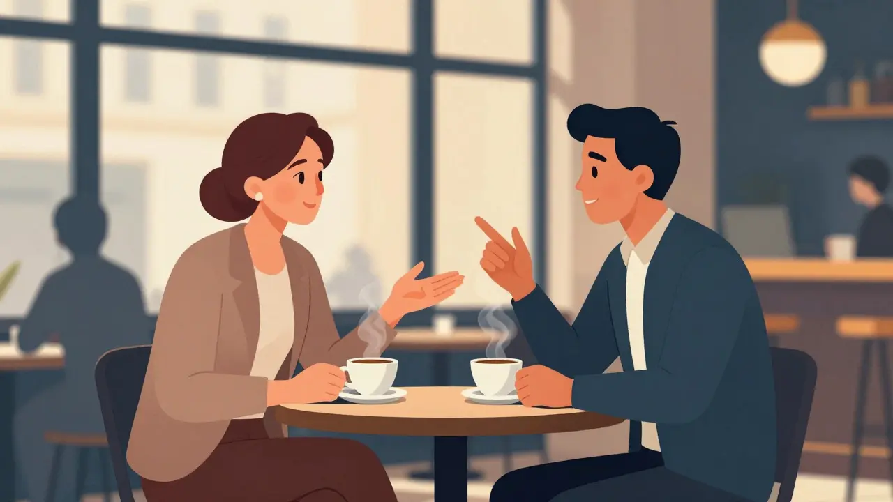 Two professionals having a relaxed coffee chat in a British cafe, illustrating low-pressure networking