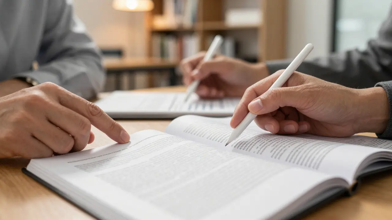 Two professionals reviewing an annual report document on a desk