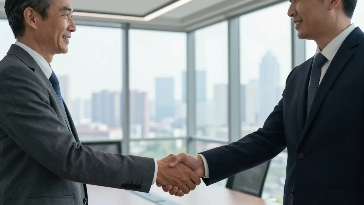 Two sales professionals shaking hands in an office, representing a hybrid coverage strategy