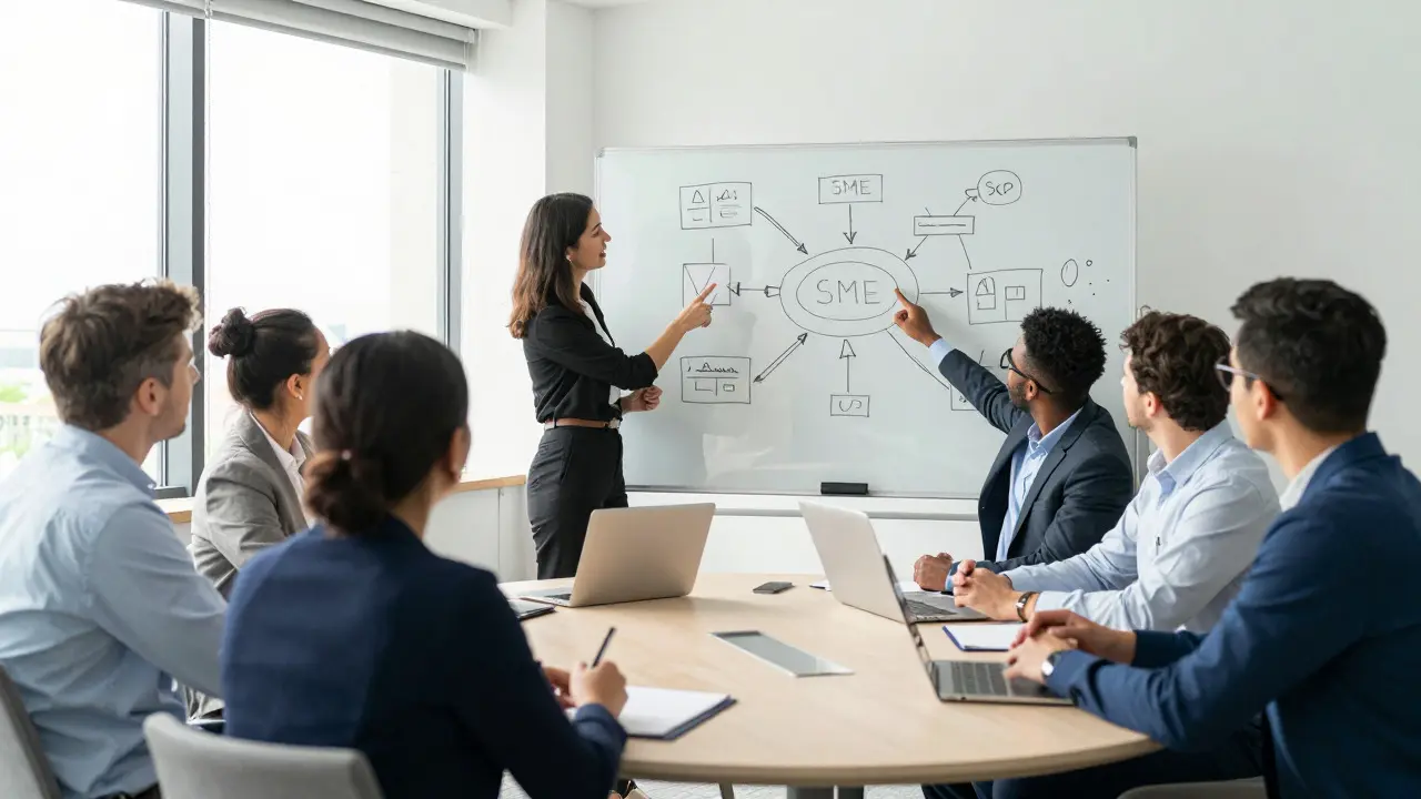 UK business professionals discussing strategy around a table with a whiteboard diagram.