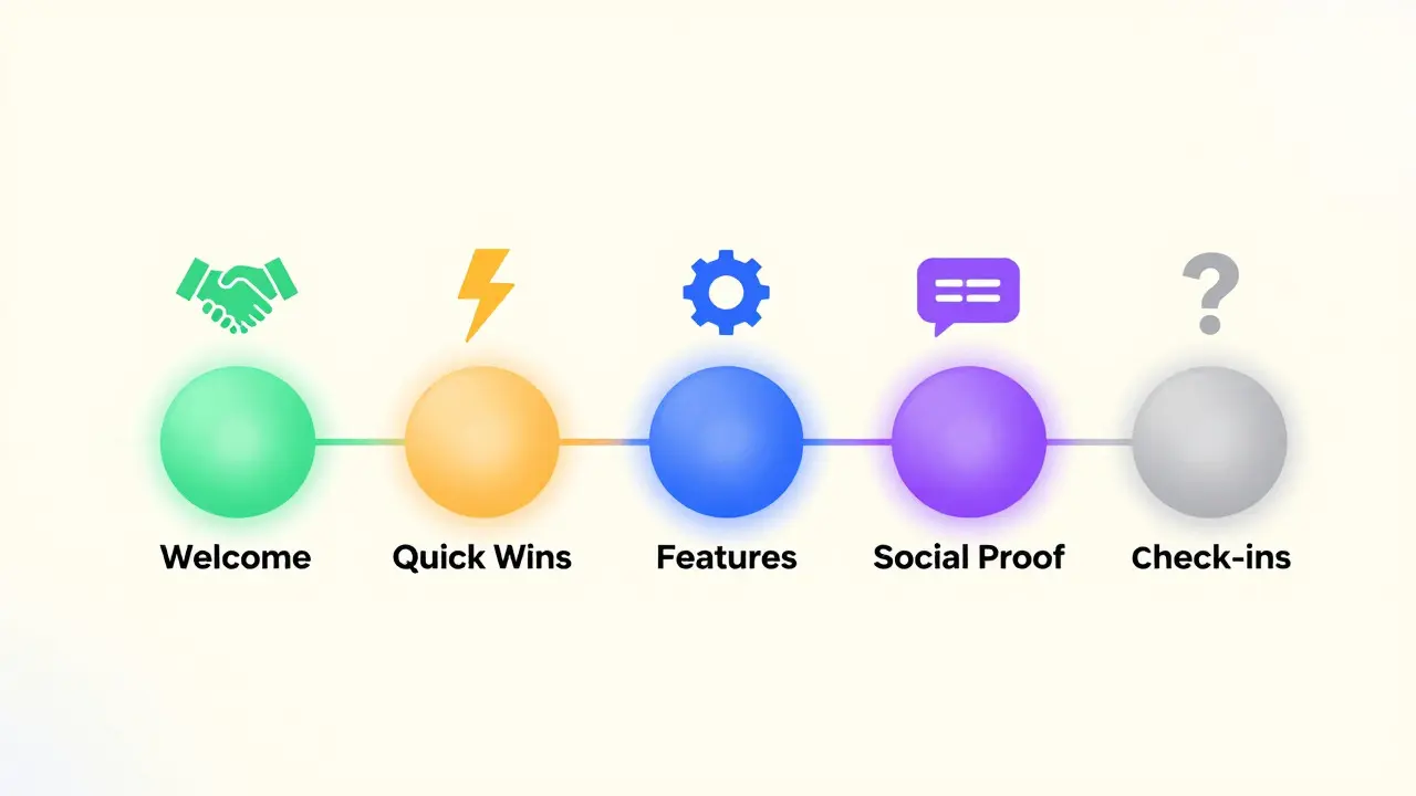 Vector illustration of a five-stage onboarding timeline with icons