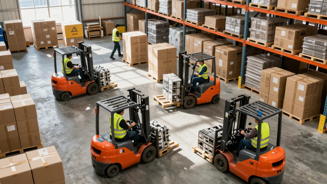 Warehouse workers moving pallets of electronic components in a logistics center