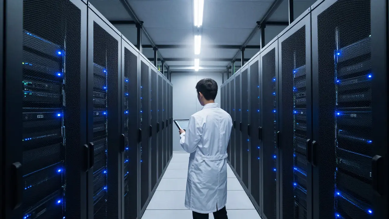 Wide shot of a server room with blue lights and a technician observing