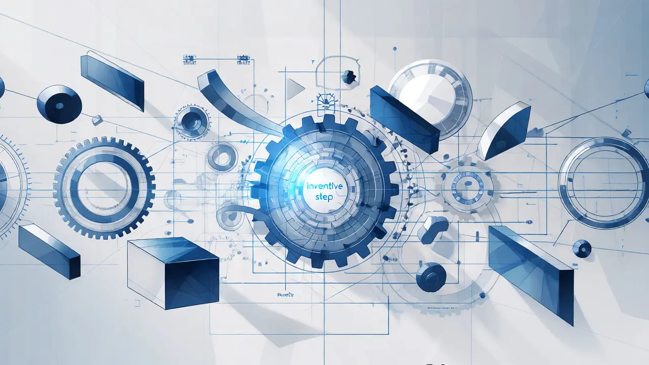 Abstract blueprint visualization of patent criteria including novelty and inventive step.