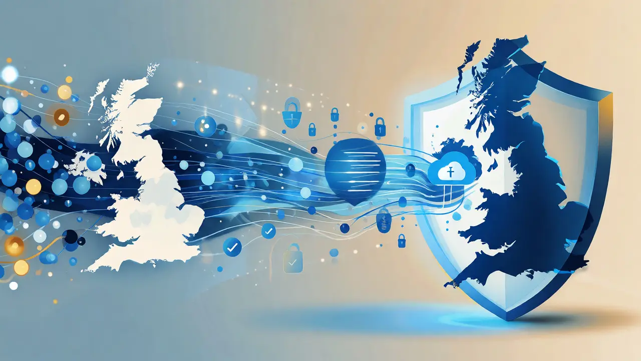 Abstract digital shield protecting data streams representing UK GDPR compliance.