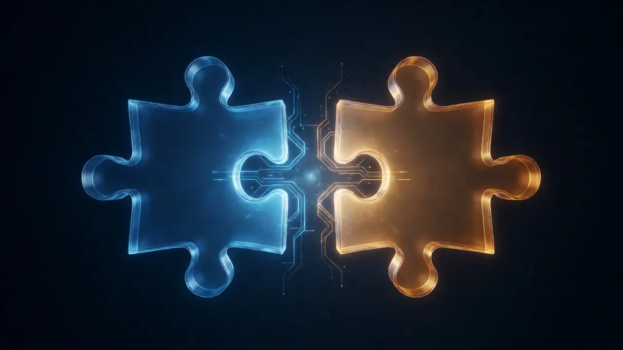 Abstract glowing puzzle pieces connecting to symbolize business synergy