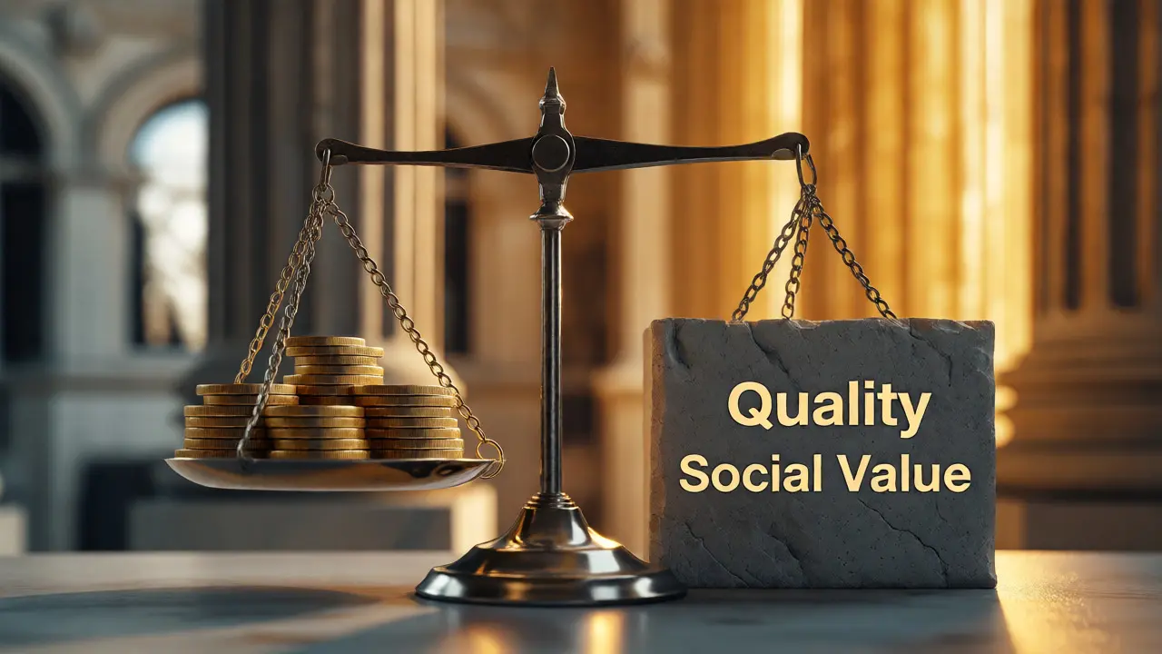 Abstract scale balancing gold coins against a solid block representing quality and value.