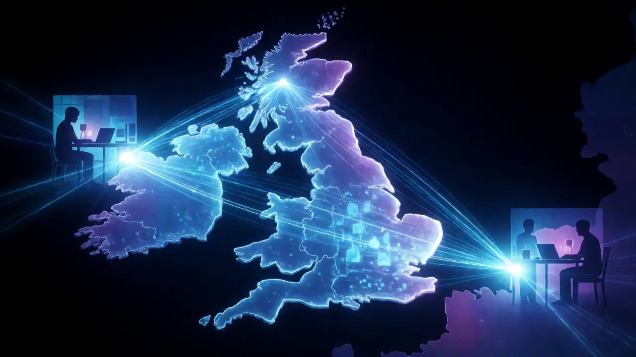 Abstract visualization of UK cloud data redundancy and remote work networks.