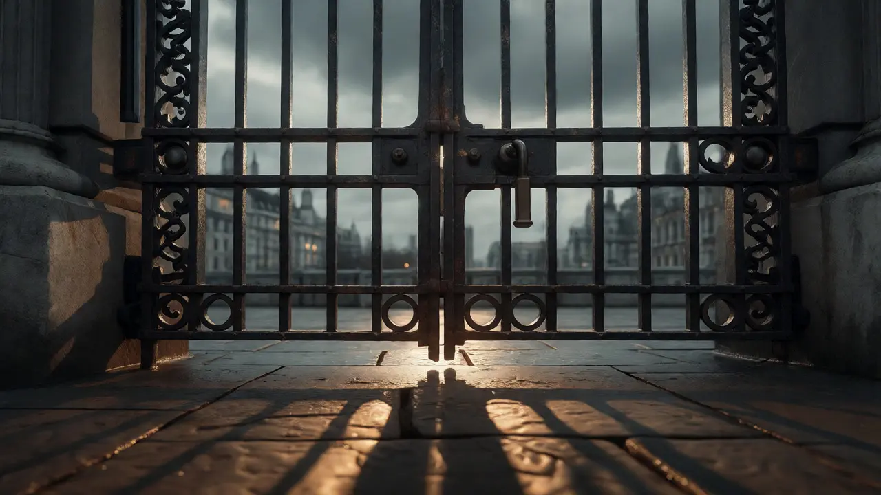 An iron gate closing against a London skyline, symbolizing patent enforcement.