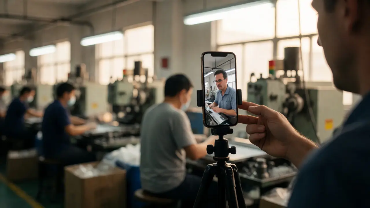 Buyer conducting video factory tour in Chinese manufacturing plant