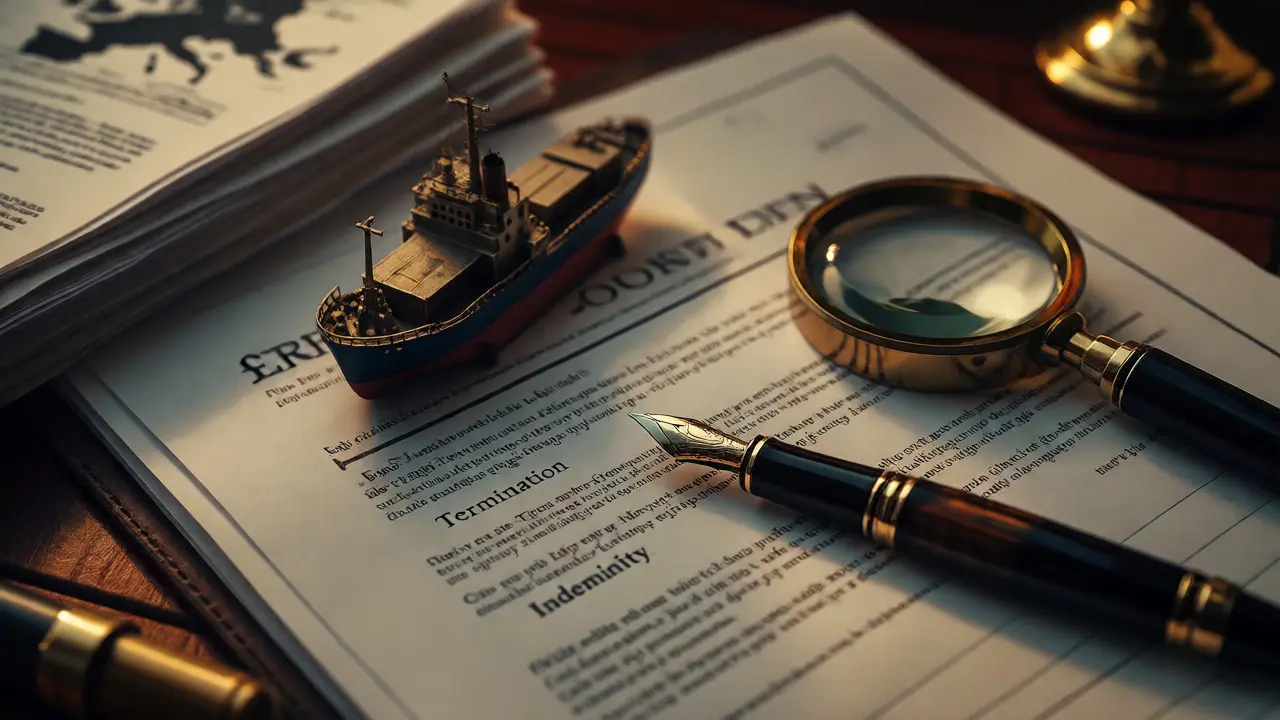 Close-up of a legal contract with a pen and cargo ship model on a desk.