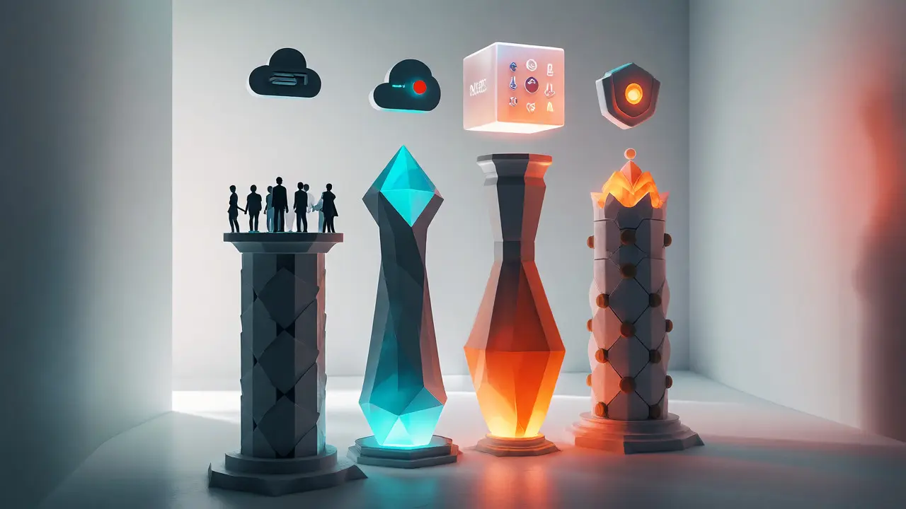 Conceptual 3D render of four pillars representing target audience, category, difference, and proof.