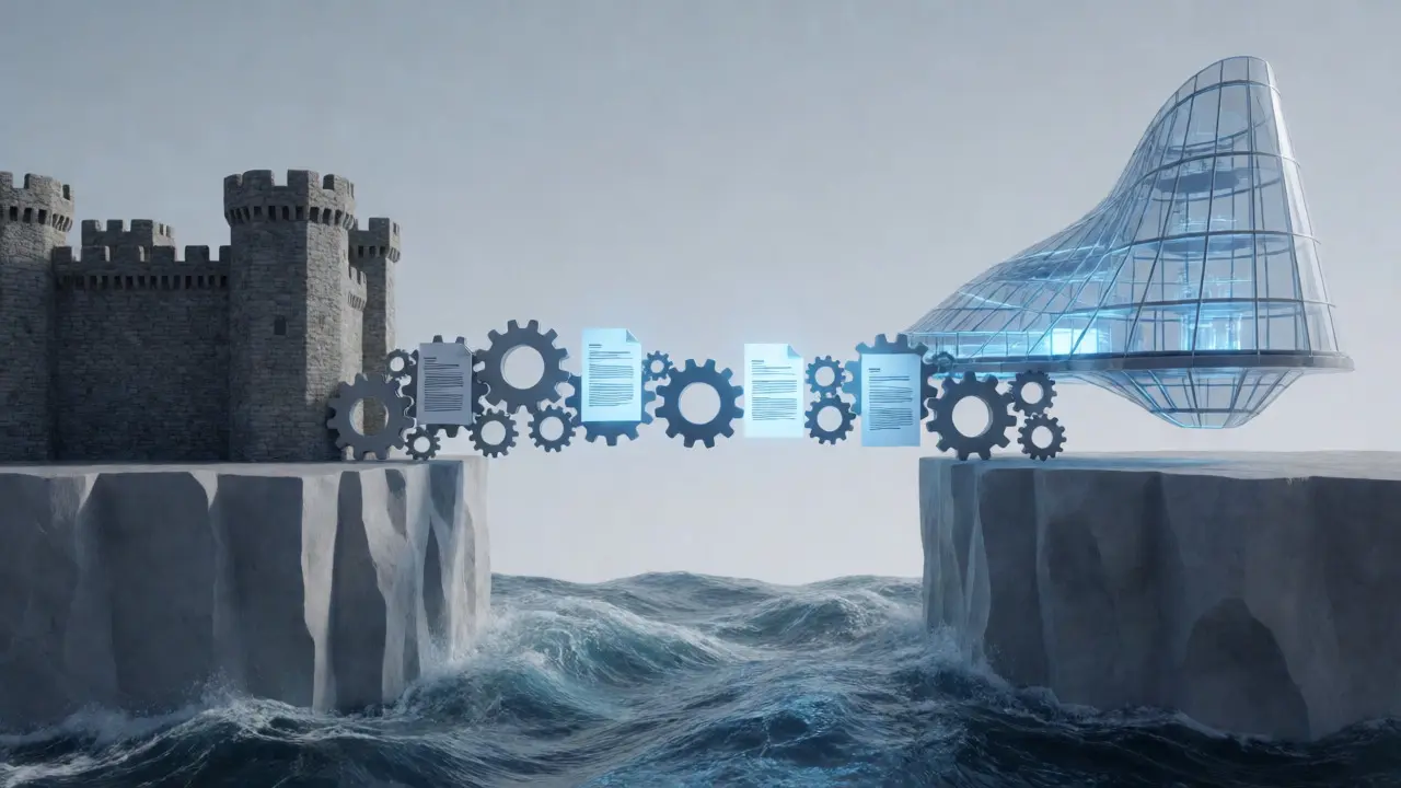 Conceptual bridge connecting a stone fortress and a glass tower over turbulent water, representing shared risk.