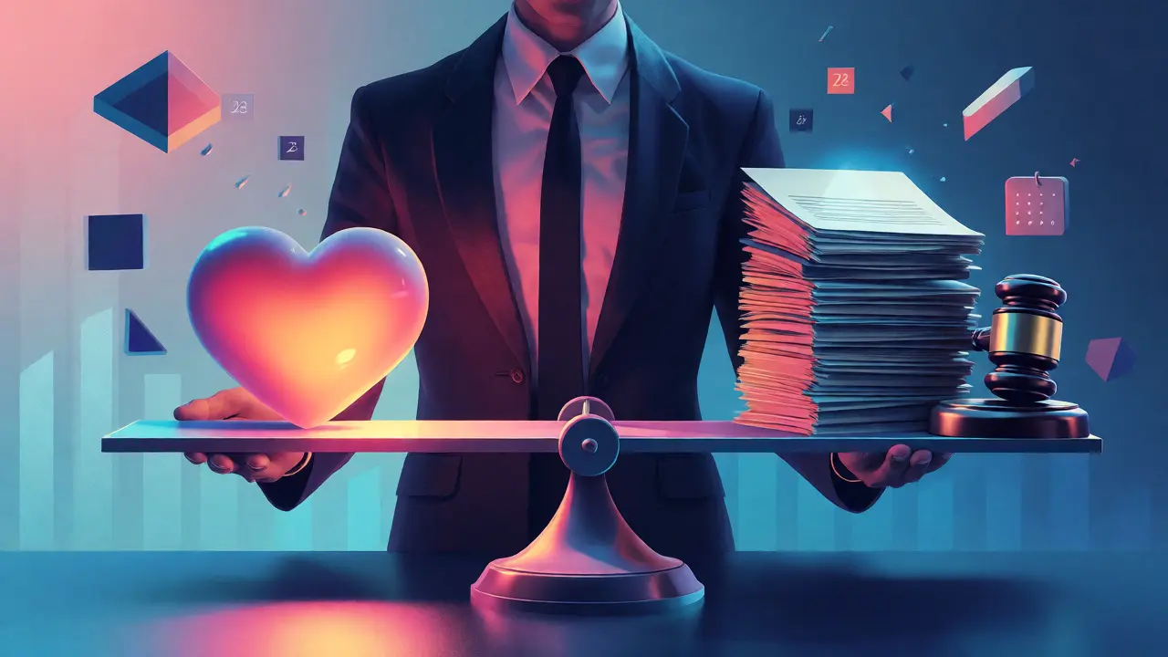 Conceptual image of HR manager balancing employee wellbeing against legal regulations