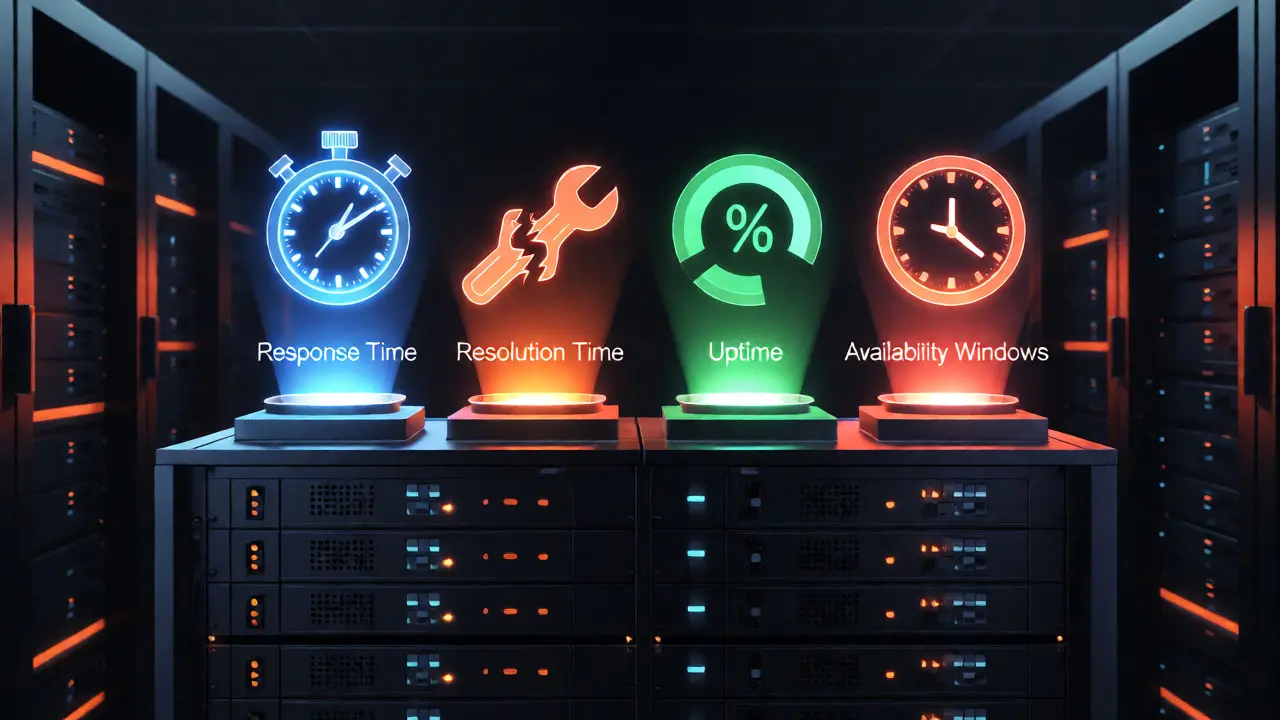 Conceptual visualization of SLA components including response time, resolution, uptime, and availability windows.