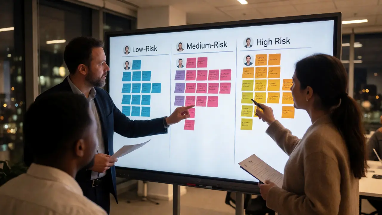 Customer success team analyzing risk segments on a whiteboard in a UK office