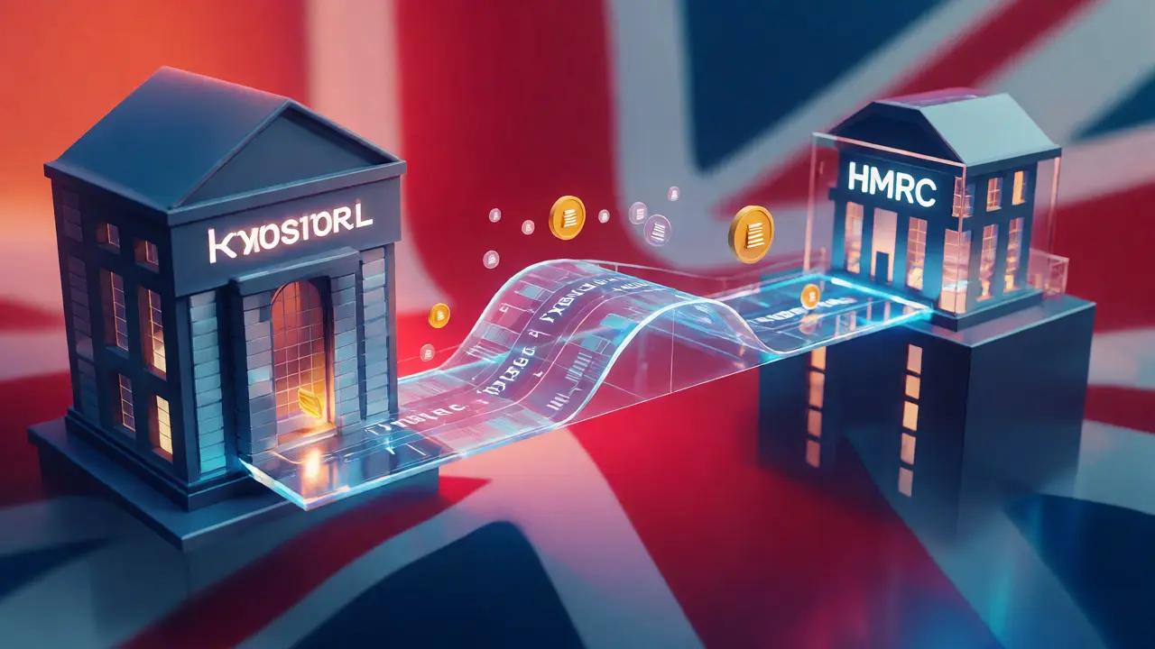 Digital data flowing across a glass bridge between two building structures
