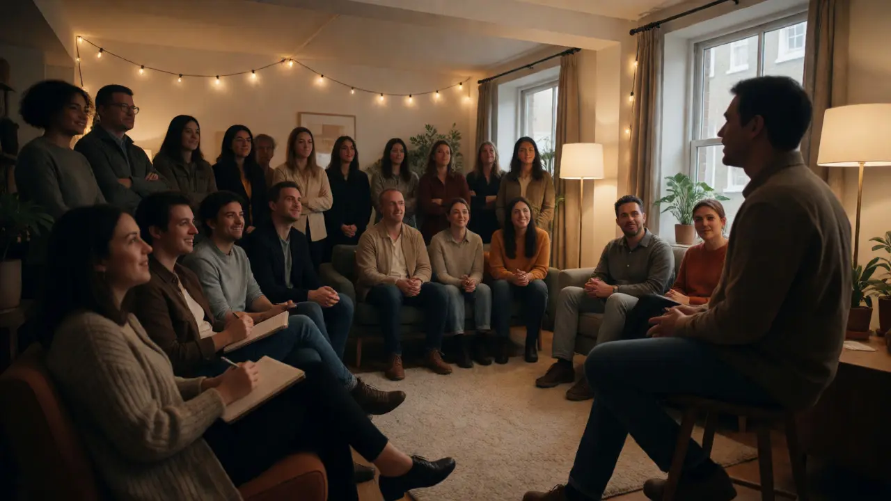 Engaged audience participating in an intimate, casual community workshop event.