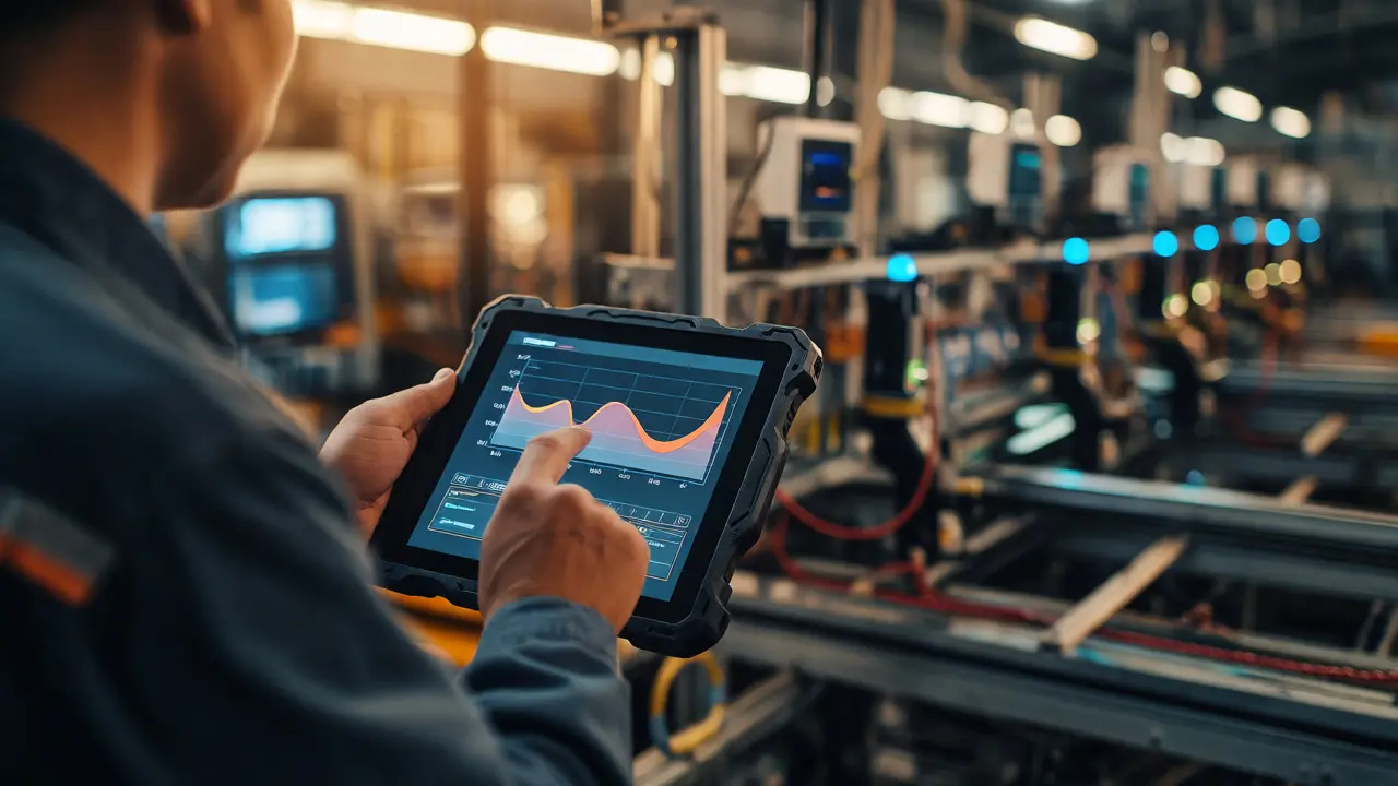 Engineer using tablet to monitor real-time OEE data near smart manufacturing sensors