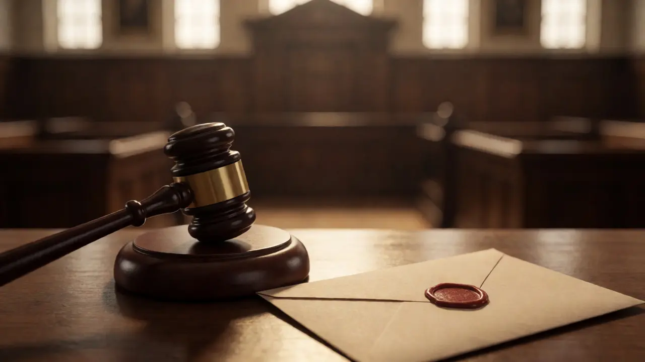 Gavel and sealed envelope on a table in a courtroom setting