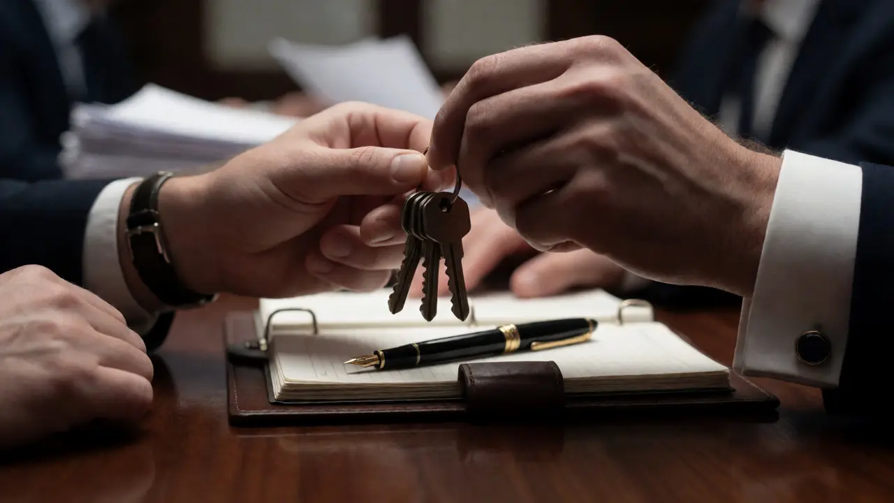 Hands exchanging keys over a ledger in an accountant's office